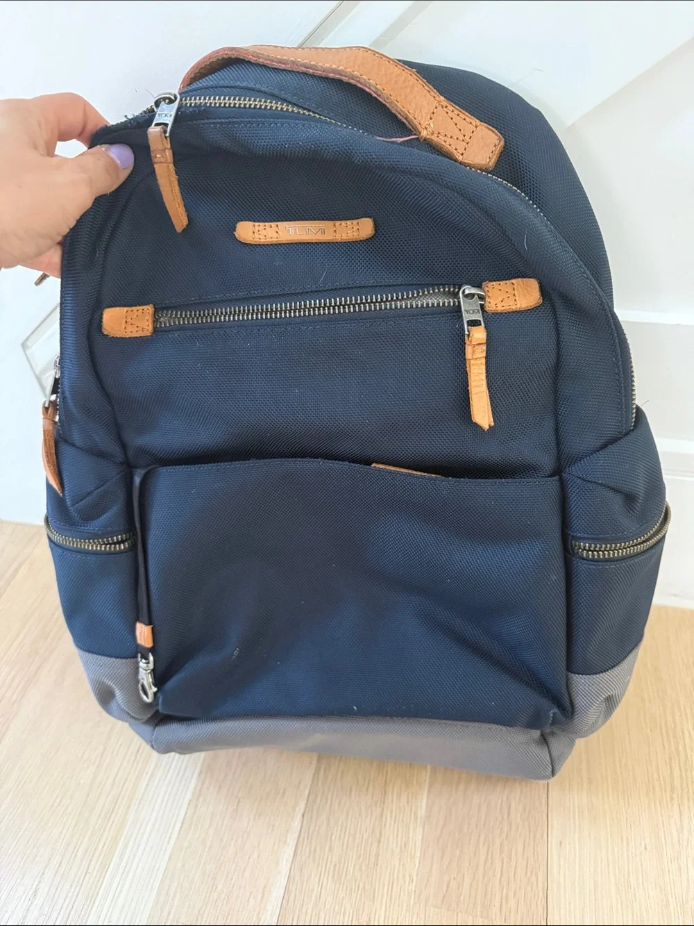 Tumi Navy and Gray Backpack with Tan Accents